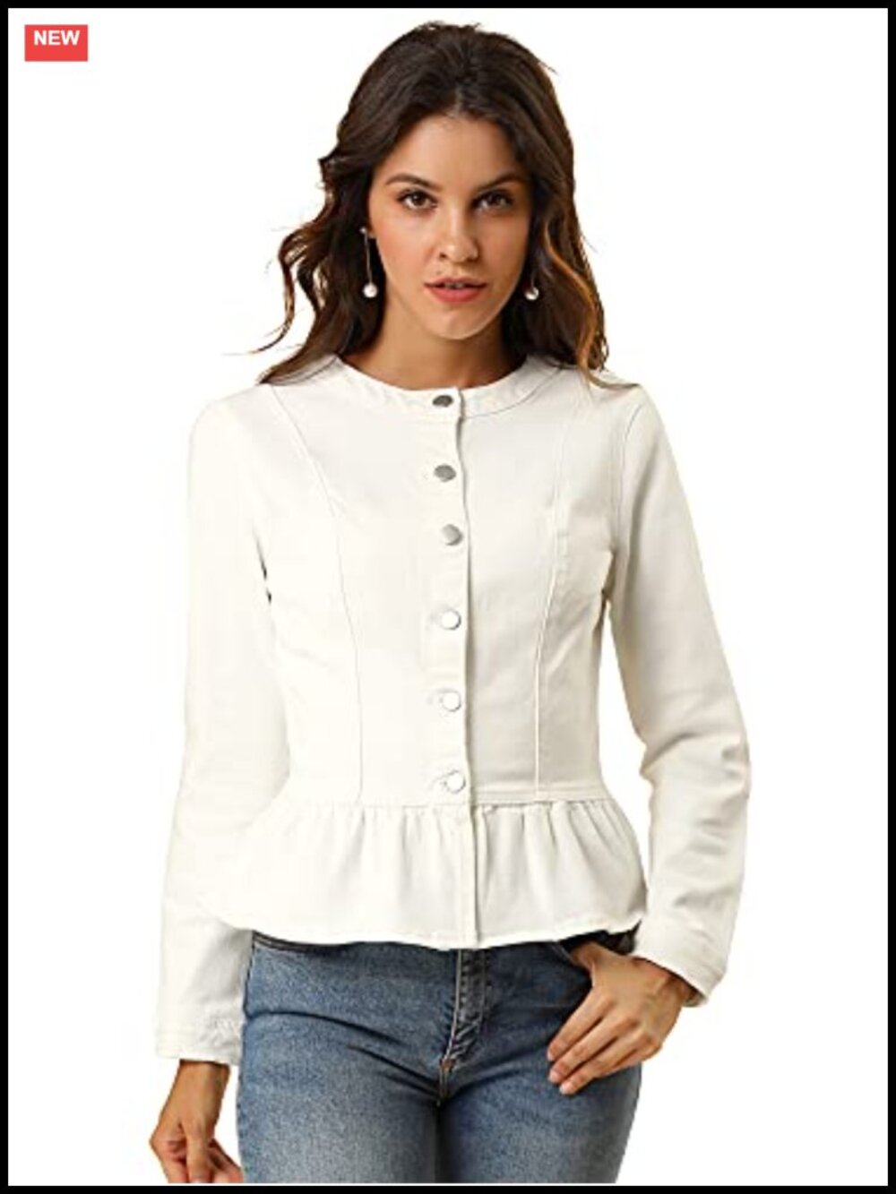 Women's Collarless Peplum Denim Jacket Ruffle Hem Button Front Jean Jacket